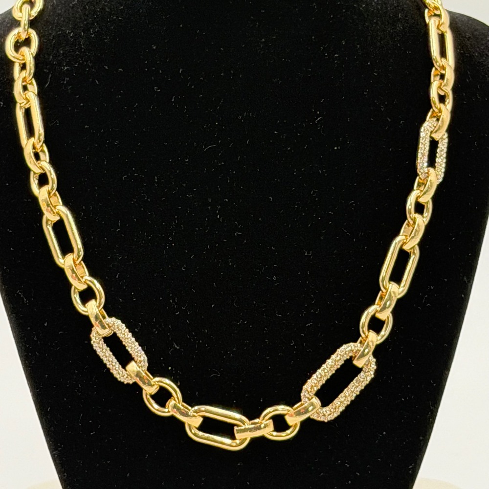 Dana Buchman Gold Tone Pave Crystal Paperclip Link Chain Necklace 16 Inch